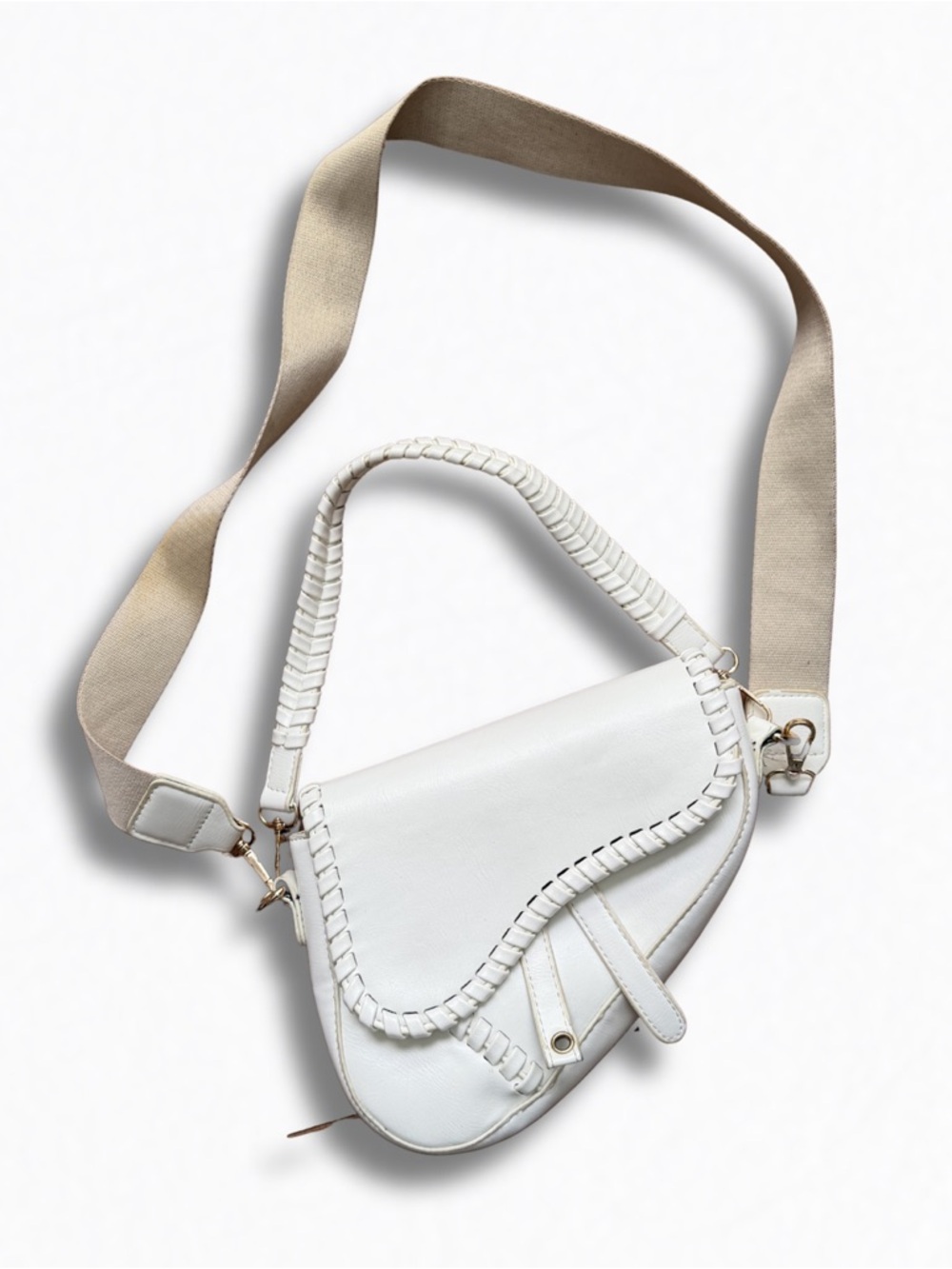White Saddle Crossbody Bag with Braided Trim